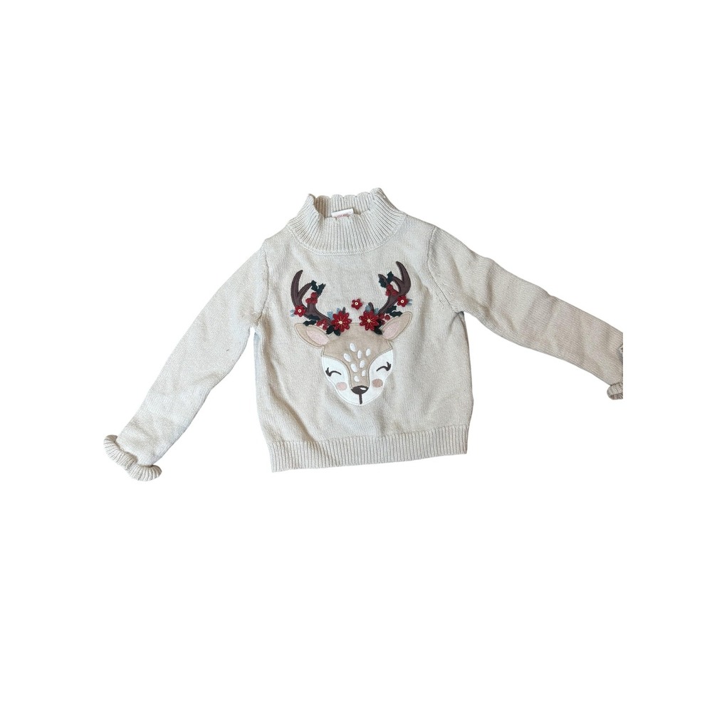 Cynthia Rowley Sweater Girls‎ 2T Beige Reindeer Holiday Mock Neck Ruffle Knit